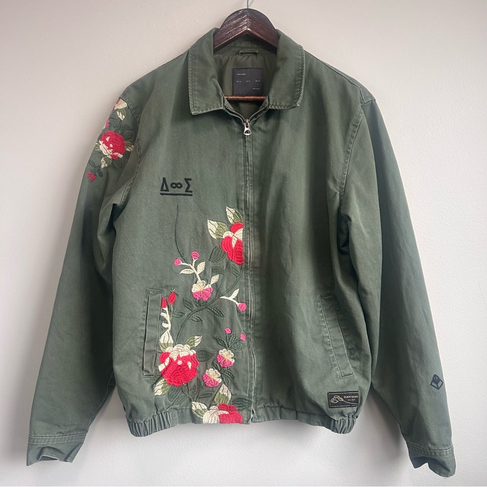 Zara Man Kamiseya Naval Base Embroidered Olive Army Unisex Bomber Jacket Sz M